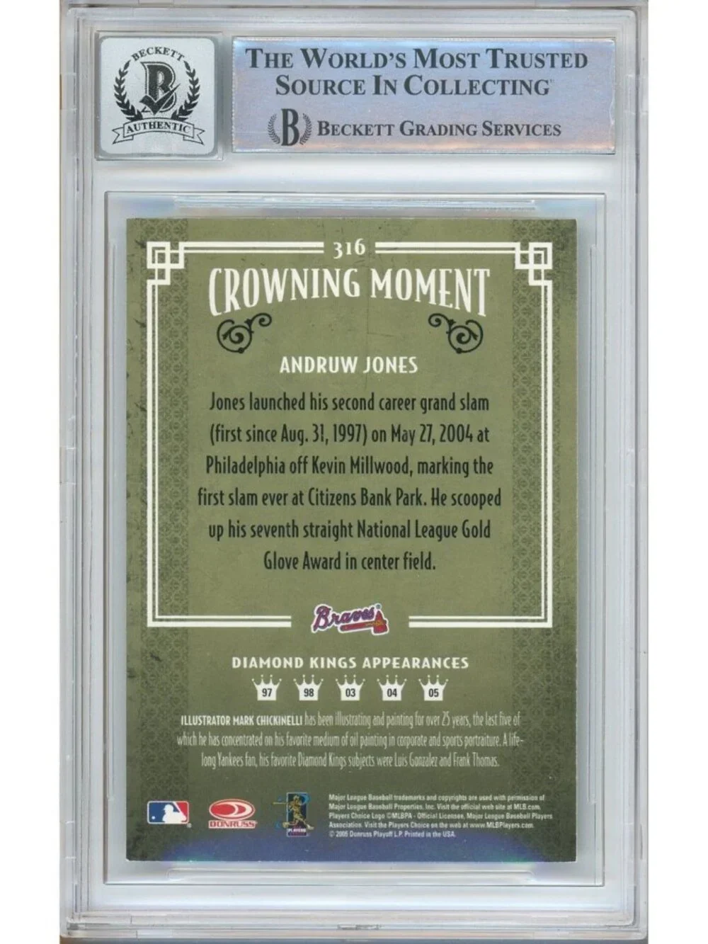 Andruw Jones Signed 2005 Donruss Diamond Kings #316 Card Beckett BAS Auto 10